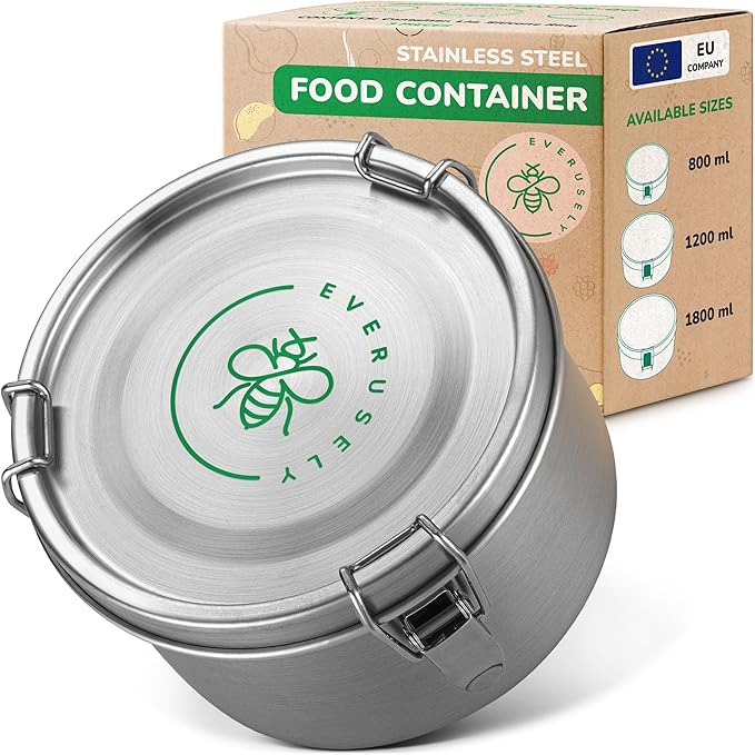 Stainless Steel Food Storage Container with Lid - 60 oz / 1.8 L - Metal Lunch + Meal Prep Tin with Food-Safe Leakproof Seal - Stackable Pantry Snack Organizer - Reusable Travel Lunchbox for Leftovers