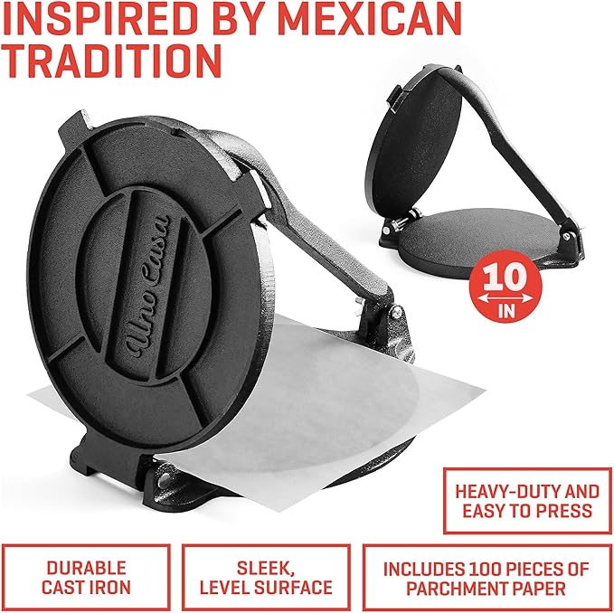 Uno Casa 10 Inch Cast Iron Tortilla Press & Comal Pan Bundle - Non-Stick, Heat-Resistant, Family Size, Gas Stovetop Compatible