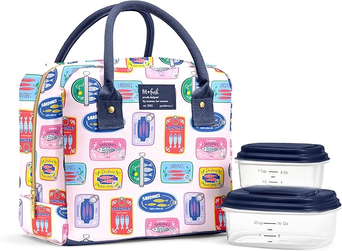 Fit & Fresh Bloomington Lunch Bag for Women - Insulated Large Lunch Box for Work with Containers, Leak-Resistant, Stain-Resistant, Zipper Closure, Multicolored Sardines