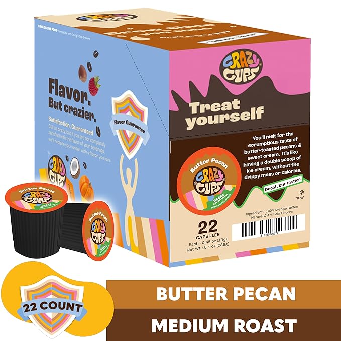 Crazy Cups Flavored Decaf Coffee Pods, Decaf Butter Pecan Coffee, Decaf K Cups for Keurig K Cups Machines, Hot or Iced, Single Serve Decaffeinated in Recyclable Pods, 22 Count