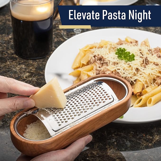 Cheese Grater with Container - Stainless Steel Cheese Grater with Cherrywood Serving Bowl - Fine Shredder Kitchen for Hard Cheese, Spices, and Zesting - Italian Kitchen Gadgets by Kings County Tools