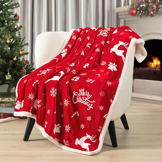 PAVILIA Premium Christmas Sherpa Throw Blanket | Christmas Decoration Gift, Fleece, Plush, Warm, Cozy Reversible Microfiber Holiday Blanket | Red Reindeer - 50x60