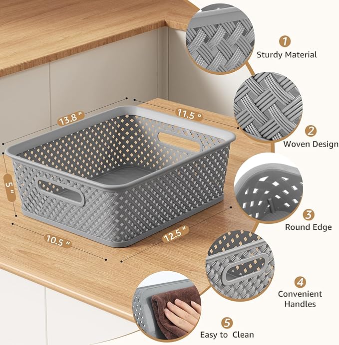 MaxGear Organization and Storage 3 Packs, Plastic Bins Organizer Bins, Woven Baskets for Storage, Plastic Baskets with Handles, Grey Basket for Organizing, Basket Organizer for Home and Office, Large