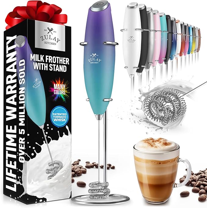 Zulay Kitchen Milk Frother with Patented Tornado Triple Whisk – Handheld Foam Maker for Coffee, Lattes, Matcha & Hot Chocolate – Rich, Creamy Froth in Seconds