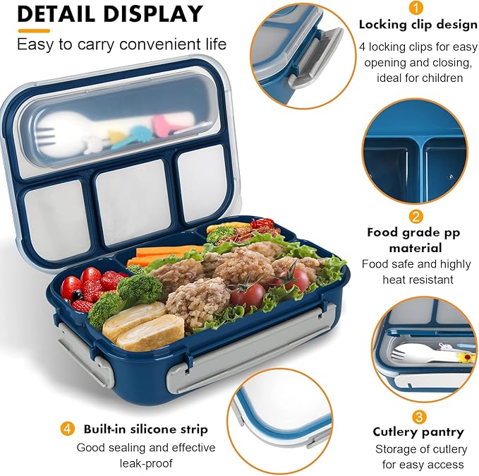 Bento Box, Lunch Box Kids, 1300ML Adult with 4 Compartment &Food Picks &Cake Cups, Containers for Adults/Kids/Toddler, Leak-Proof, Microwave/Dishwasher/Freezer Safe(Blue)