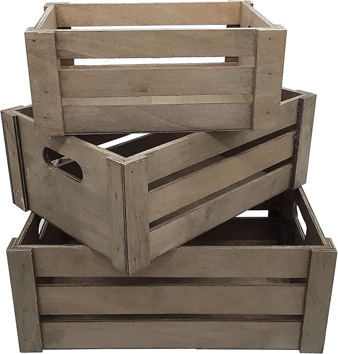 Admired By Nature Wooden Crates Storage Container, Stain Grey Set of 3, Farmhouse Style Decorative Baskets for Home Decor, Rustic Decor, Nesting Stackable Organizers, Distressed Wood Crates
