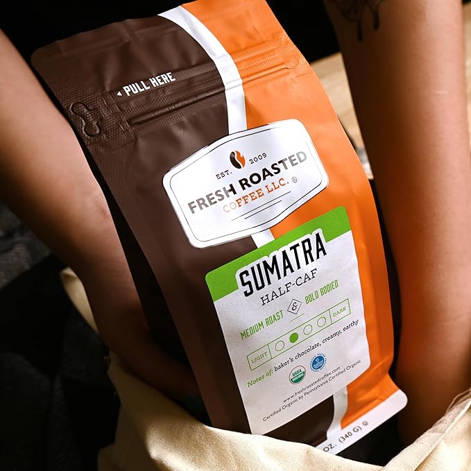 Fresh Roasted Coffee, Organic Sumatra Water-Processed Half-Caf | 100% Single Origin, USDA Organic, Kosher | Medium Roast 12 oz Whole Bean