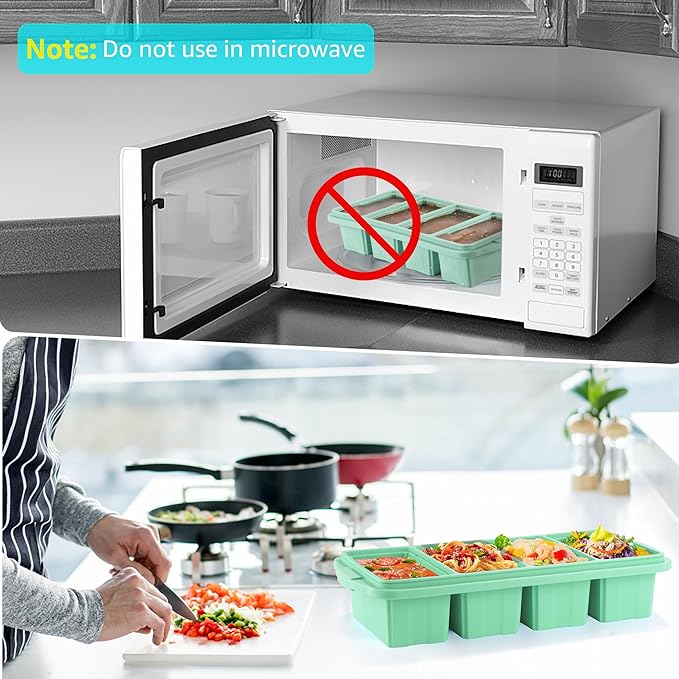 Silicone Freezer Tray With Lid - Silicone Freezer Food Molds- Large Ice Cube Tray,Silicone Freezer Container,Freeze & Store Soup, Sauce, Broth,Leftovers - Makes 4 Perfect 1 Cup
