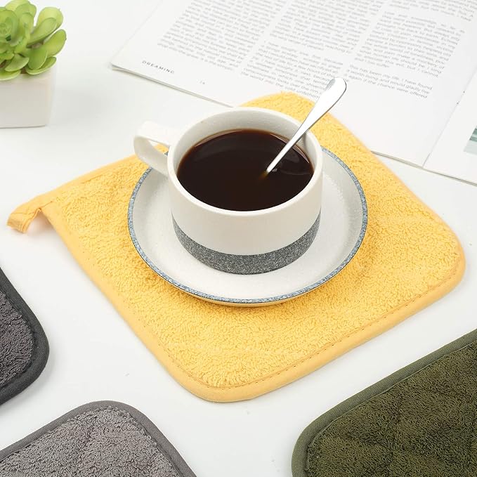 100% Cotton Kitchen Everyday Basic Terry Pot Holder Heat Resistant Coaster Potholder for Cooking and Baking Set of 5 Yellow