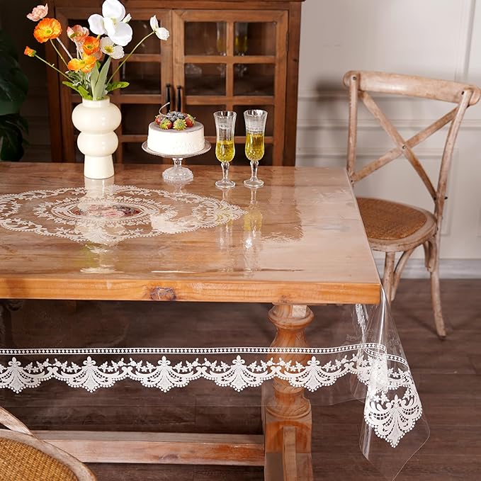 Waterproof Clear Table Cover Protector, Vinyl Rectangle Table Cloth with Lace Pattern Oil Spill Proof Wipe Clean Plastic Tablecloths for Dining Tables (French Lace, 52 x 70 Inches)