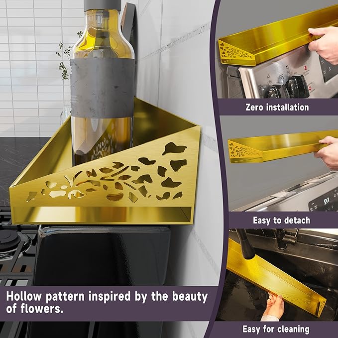 30" Magnetic Stove Top Shelf – Brushed Gold Spice Rack and Seasoning Organizer – Kitchen Shelf for Back of Stove – Over Stove Rack and Storage Organizer