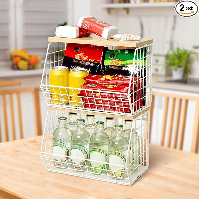 Fruit Basket, 2-Tier Fruit Bowl for Kitchen Counter, Stackable Wall Mounted Fruit Storage, Snack Organizer, Potato and Onion Storage Basket, Hanging Pantry Storage with Wood Lid, 2 Set, White