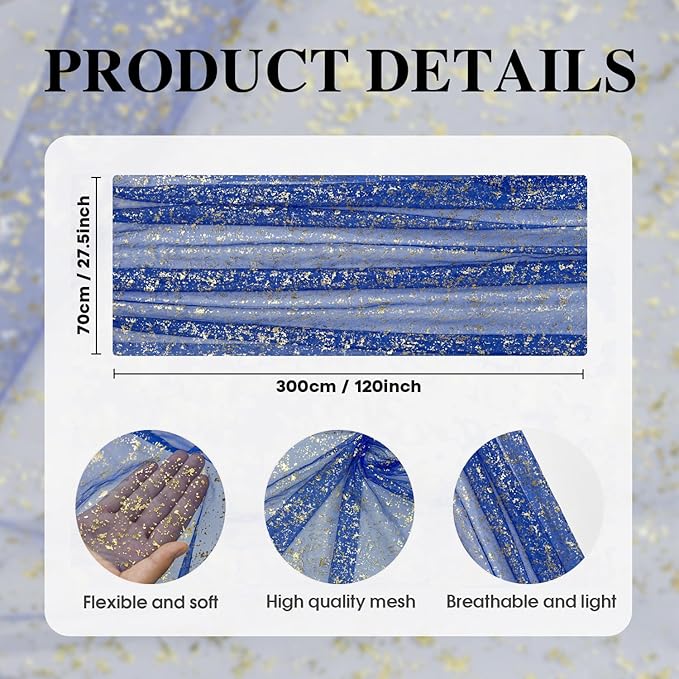 Artoid Mode Blue Gold Gauze Table Runner 120 Inch 10FT, Glitter Metallic Foil Sheer Dining Wedding Anniversary Holiday Table Decor for Home Party