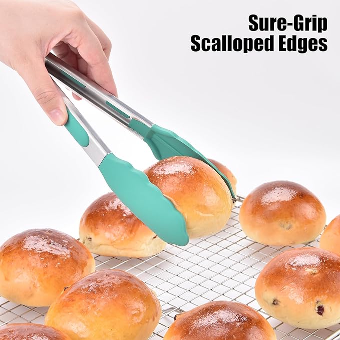 Doosu Kitchen Tongs for Cooking - 600°F Heat Resistant Food Tong Set with Non-Scratch Silicone Tips, Heavy Duty Stainless Steel Locking Tong for BBQ, Grilling Steak, Serving Salad (9+12in, Aqua Sky)