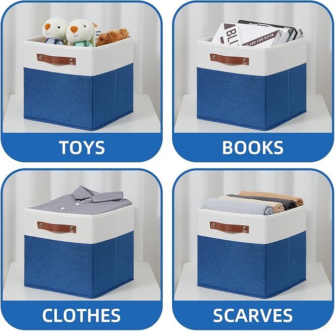 Temary 11 Storage Cube Bins for Shelves, Closet - 4 Pack Fabric Baskets With Leather Handles (White & Blue)