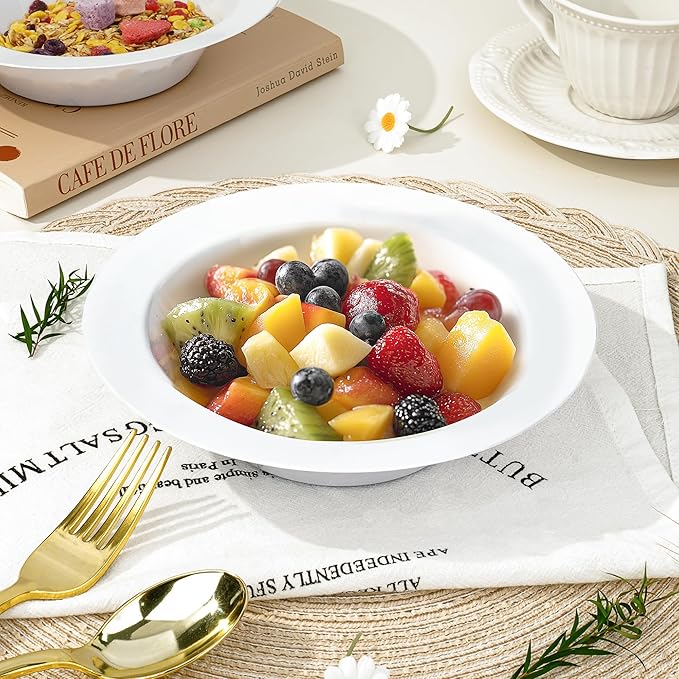 BESTVIP 100 Pack White Plastic Bowls, 12 oz Disposable Soup Bowls, Heavy-duty Dessert Salad Bowl for Christmas, Thanksgiving, Party, Wedding, Dinner, Catering