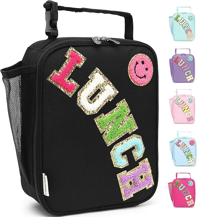 FlowFly Lunch box Insulated Soft Bag Mini Cooler Back to School Thermal Meal Tote Kit With Buckle and Mesh Side Pocket for Girls, Boys, BlackWithLetter