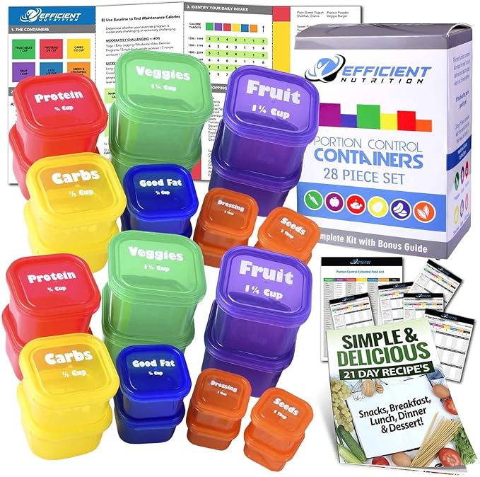 Portion Control Containers DELUXE Kit (28-Piece) with COMPLETE GUIDE + 21 DAY PLANNER + RECIPE eBOOK BPA FREE Color Coded Meal Prep System for Diet and Weight Loss