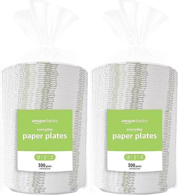 Amazon Basics Everyday Paper Plates, 8.62 Inch, Disposable, 600 Count (300 pack of 2)
