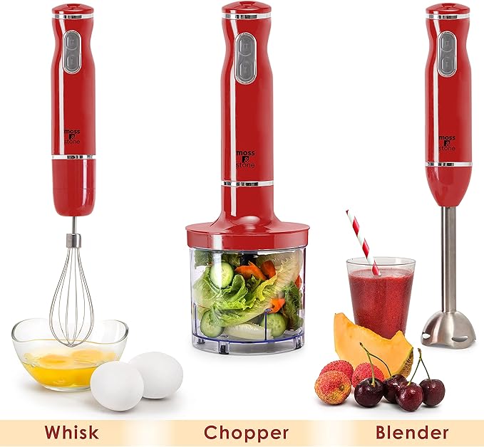 Moss & Stone Hand Blender Electric With Egg Whisk & Chopper, Powerful 300 Watt Immersion Hand Blender Set, Mixer Set Stainless Steel Shaft & Blades, Red Handheld Mixer With Ergonomic Grip