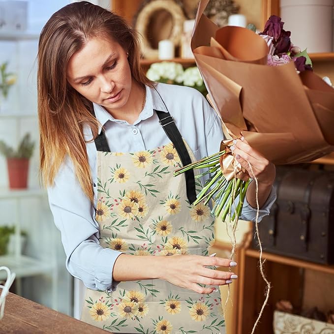 Britimes Sunflower Flower Summer Vintage Spring Apron Home Kitchen Cooking Baking Gardening for Women Men with Pockets 32x28 inch