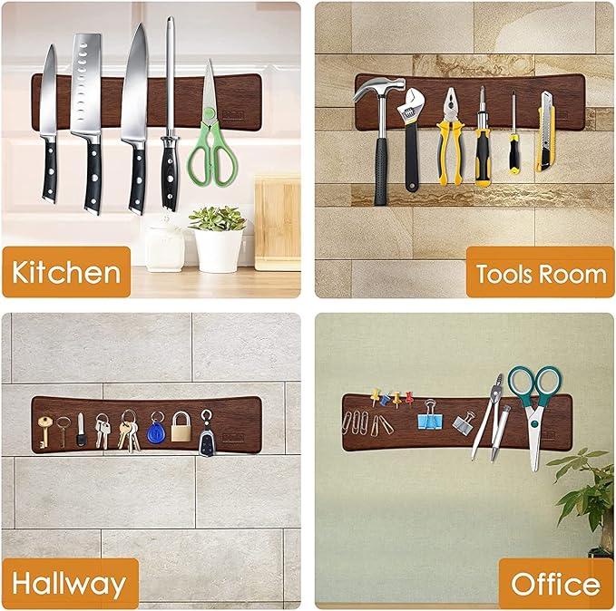 HOSHANHO Knife Magnetic Strip, Acacia Wood Powerful Magnetic Knife Strips, Magnetic Knife Holder for Wall 10 Inch Use as Magnetic Tool Organizer, Home Organizer
