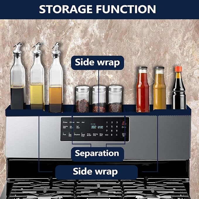 AWOKE Stove Top Shelf 30 Inch - Silicone Material Magnetic Shelf for Stove - 3 Functional Partitions Kitchen Spice Rack Organizer-Navy Blue,Kitchen Gadgets Storage Organization