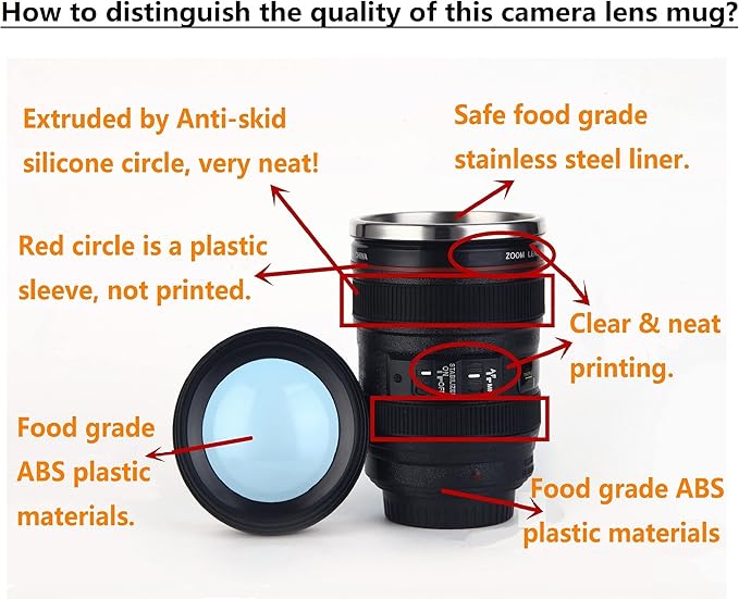 Camera Lens Coffee Mugs,Stainless Steel Lens Cups with Four Leaf Clover Spoon,Novelty Christmas Gifts for Photographers Sweeties Dad Men Women Photography Lovers