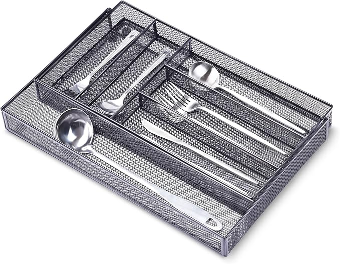 WuGeShop Expandable Mesh Silverware Drawer Organizer, Adjustable Metal Kitchen Cutlery Tray, Flatware Utensil Organizer with Non-slip Rubber Feet (Black, 7 Compartments)