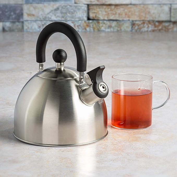 Primula Stewart Whistling Stovetop Tea Kettle Food Grade Stainless Steel, Hot Water Fast to Boil, Cool Touch Folding, 1.5-Quart, Brushed with Black Handle (Pack of 4)
