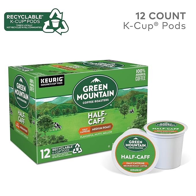 Green Mountain Coffee Roasters Half Caff Keurig Single-Serve K-Cup pods, Medium Roast Coffee, 12 Count