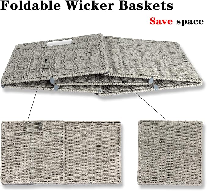 Vagusicc Wicker Basket, Set of 2 Hand-Woven Wicker Storage Basket, Foldable 11 inch Cube Storage Bins, Storage Baskets for Organizing Shelves, Closet Organizers and Storage Bins, Gray (11″×11″×11″)