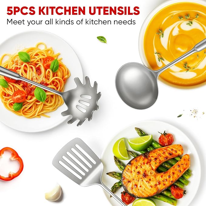 5 Pcs Newness Cooking Utensils Set, 304 Stainless Steel Kitchen Utensils Set, Metal Kitchen Accessories, Include Soup Ladle, Slotted Skimmer Spoon, Spaghetti Spoon and Spatula, Dishwasher Safe