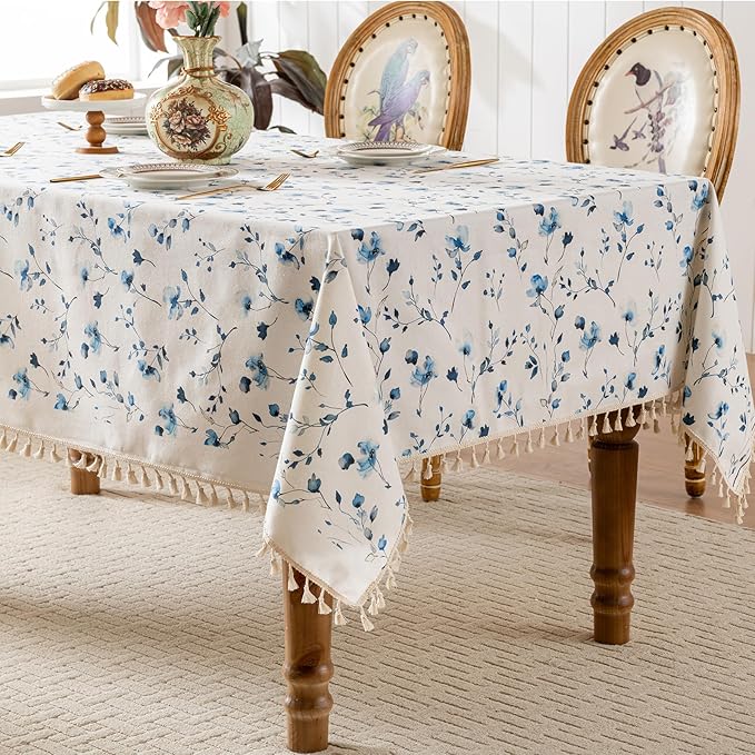 Rectangle Tablecloth Pastoral Style, Waterproof & Stain Resistant Table Cloth Wrinkle Free Table Cover for Dining/Kitchen/Patio, Washable Indoor & Outdoor Use, 55"X70" Blue