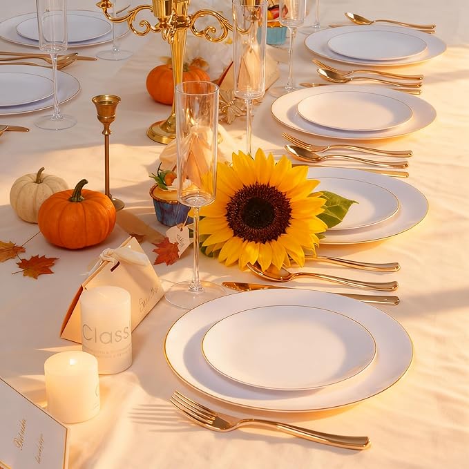 KIRE 200PCS Gold Plastic Plates - Disposable Plates for Party - White Plastic Plates with Gold Rim Include 100 for Dinner and 100 for Dessert/Salad in Wedding/Thanksgiving