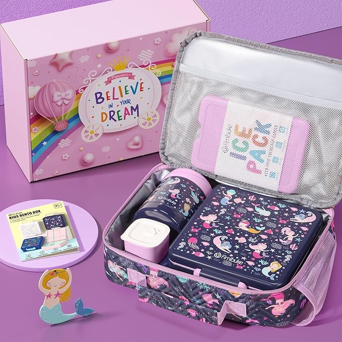 Fimibuke Kids Bento Snack Lunch Box with 4 Compartment, Insulated lunch Bag, Stainless Steel Vacuum Thermos Food Jar, Ice Pack, Utensils Set, Birthday Gift for Age 3-12 Back to School Toddler Girl Boy