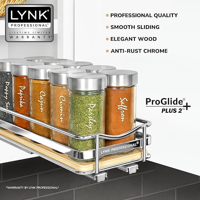 LYNK PROFESSIONAL® Élite™ Pull Out Spice Rack Organizer for Inside Kitchen Cabinets - 4-3/8 inch Wide - Slide Out Drawer – Wood/Chrome Sliding Spice Cabinet Organization Shelf Racks - 1 Tier