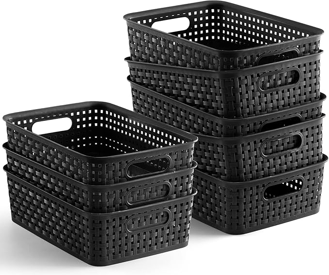 [ 8 Pack ] Plastic Storage Baskets, Small Pantry Organization and Storage Bins, Household Organizers for Laundry Room, Bathrooms, Kitchens, Cabinets, Countertops, Under Sink or Shelves, Black