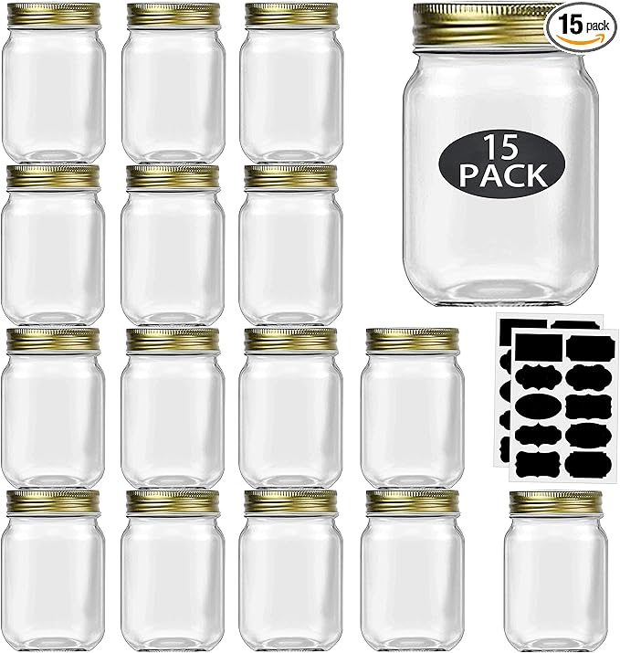 16 oz Mason Jars With Lids Regular Mouth 15 Pack-16 oz Glass Jars with Gold Lids,Bulk Pint Clear Glass Jars For Meal Prep, Food Storage With 20 Labels