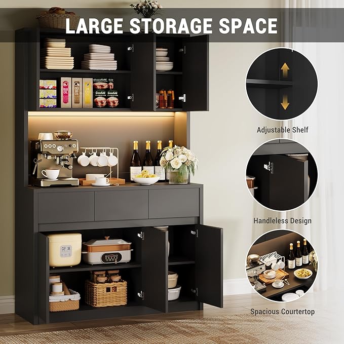 Garvee Kitchen Pantry Storage Cabinet, Tall Storage Cabinet with Doors and Shelves, Kitchen Storage Hutch with Microwave Stand, Led Lights and Charging Station, Corner Pantry Cabinet, Black
