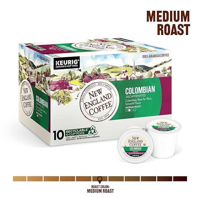 New England Coffee Colombian Decaffeinated Medium Roast Single Serve Pods, 10ct Box (Pack of 1)