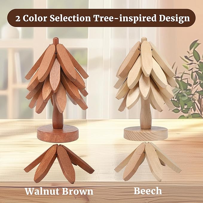 Tree Shape Wooden Trivets for Hot Dishes, 4 Wooden Trivets + 1 Stand stored Like a Christmas Tree，for Easy Storage，Multifunctional Ornaments (Walnut Brown)