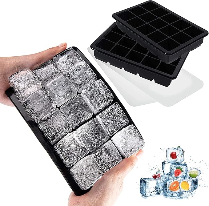 LessMo Ice Cube Tray with Lid 2 Pack, Silicone Ice Cube Molds, Easy Release 15 Square Ice Cube per Tray, BPA Free Flexible Reusable Stackable for Freezer, Whiskey, Chocolate, Baby Food, Juices, Black