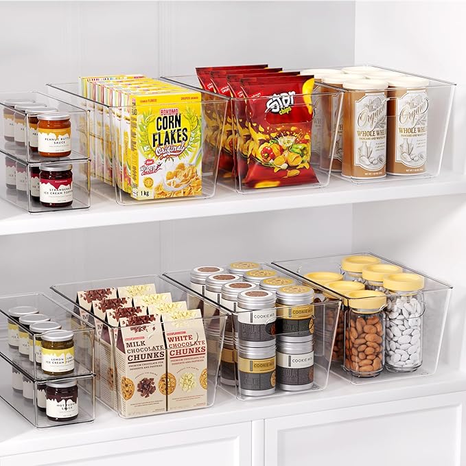 6 Pack Clear Plastic Storage Bins, Pantry Organization and Storage Bins for Kitchen-Fridge Organizer, Pantry Storage Containers, Cabinet Organizers