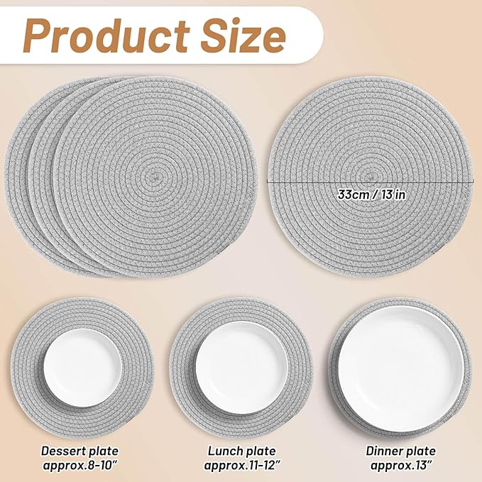 Billbotk Round Woven Placemats Set of 4, 13 Inches Table Place Mats for Dining Table, Hot Pads for Kitchen, Trivets for Hot Dishes, Pots and Pans,Tabletop Accessories(LightGray) ﻿