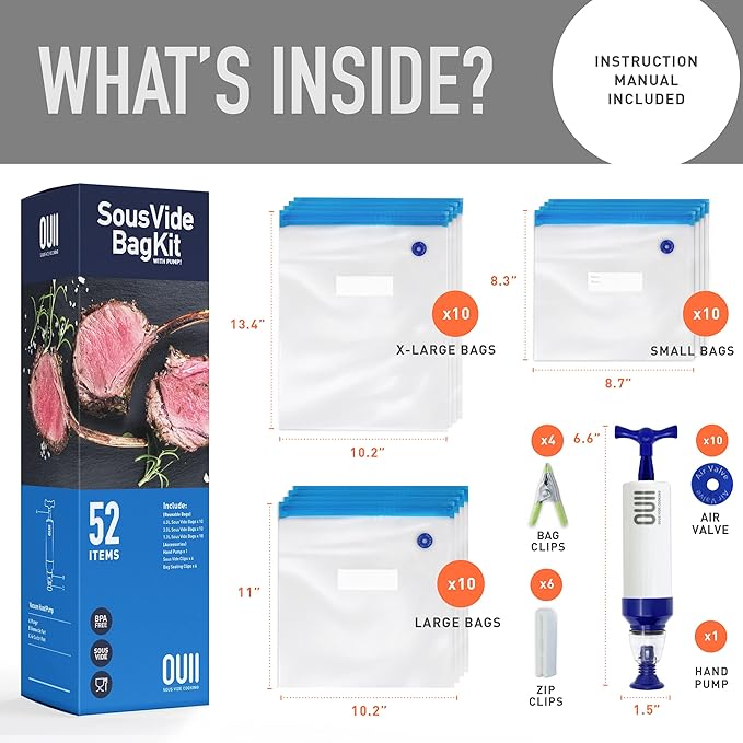 Sous Vide Bags for Joule and Anova Cooker - 52 Pieces Kit with Vacuum Sealer Bags, Hand Pump, Clips - 3 Bag Sizes, Food Storage, Meal Prep - Fits Any Sous Vide Cooking Machine