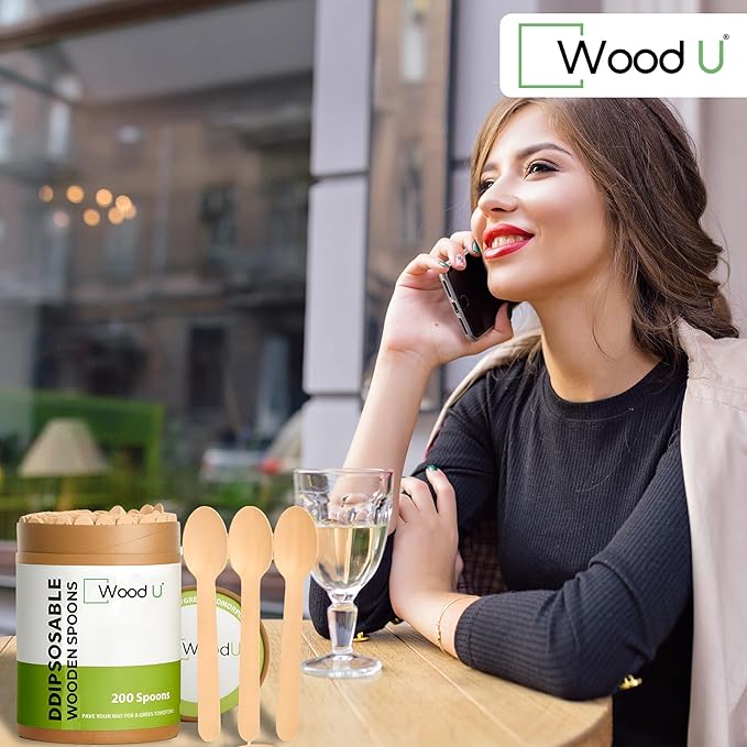 Disposable Wooden Spoons by WoodU | 100% All-Natural, Eco-Friendly, Biodegradable, and Compostable - Pack of 200-6.5" Spoon