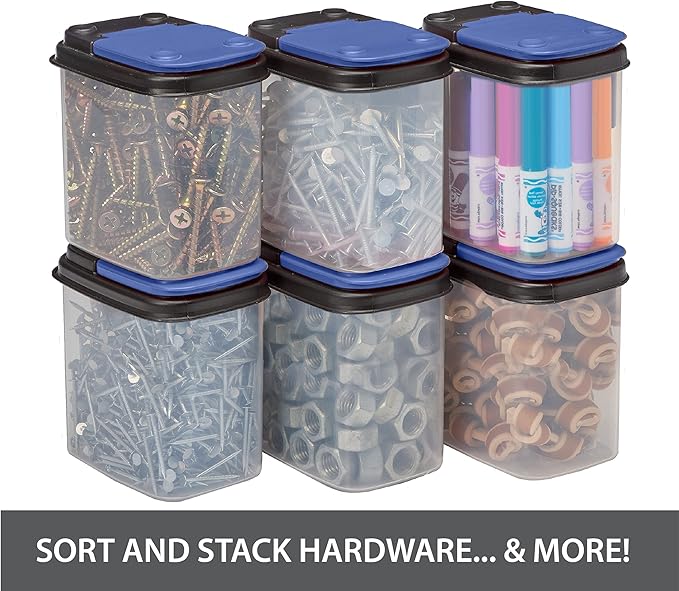 Buddeez Multi-Purpose Hardware Storage Bins Bits and Bolts Small Storage Containers, Hardware Organizers, Clear Containers With Blue Stackable Lids, Bolt and Screw Organizer (1 Quart - 8 Pack)
