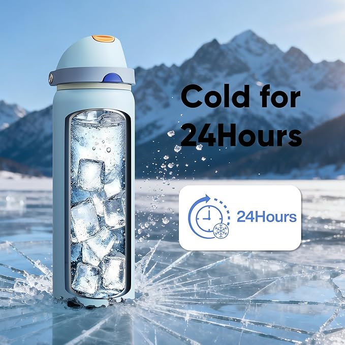 ENCOOL Insulated Water Bottle with Straw Stainless Steel Water Bottle with Push Button Lid, Leak-Proof & BPA-Free, Keeps Cold for 24 Hours for Sports, Travel, Gym (32 oz, Hazy Blue-Blue)