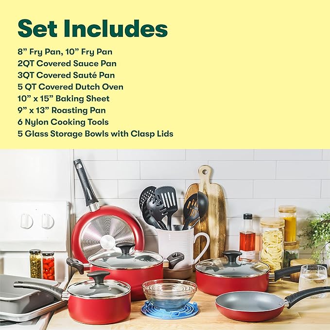 BELLA Cookware Set with Glass Lids - Nonstick, PFOA Free and Scratch Resistant Surface, Aluminum Bakeware, Pots and Pans, Storage Bowls & Utensils, Compatible with All Stovetops, 21 Piece, Red